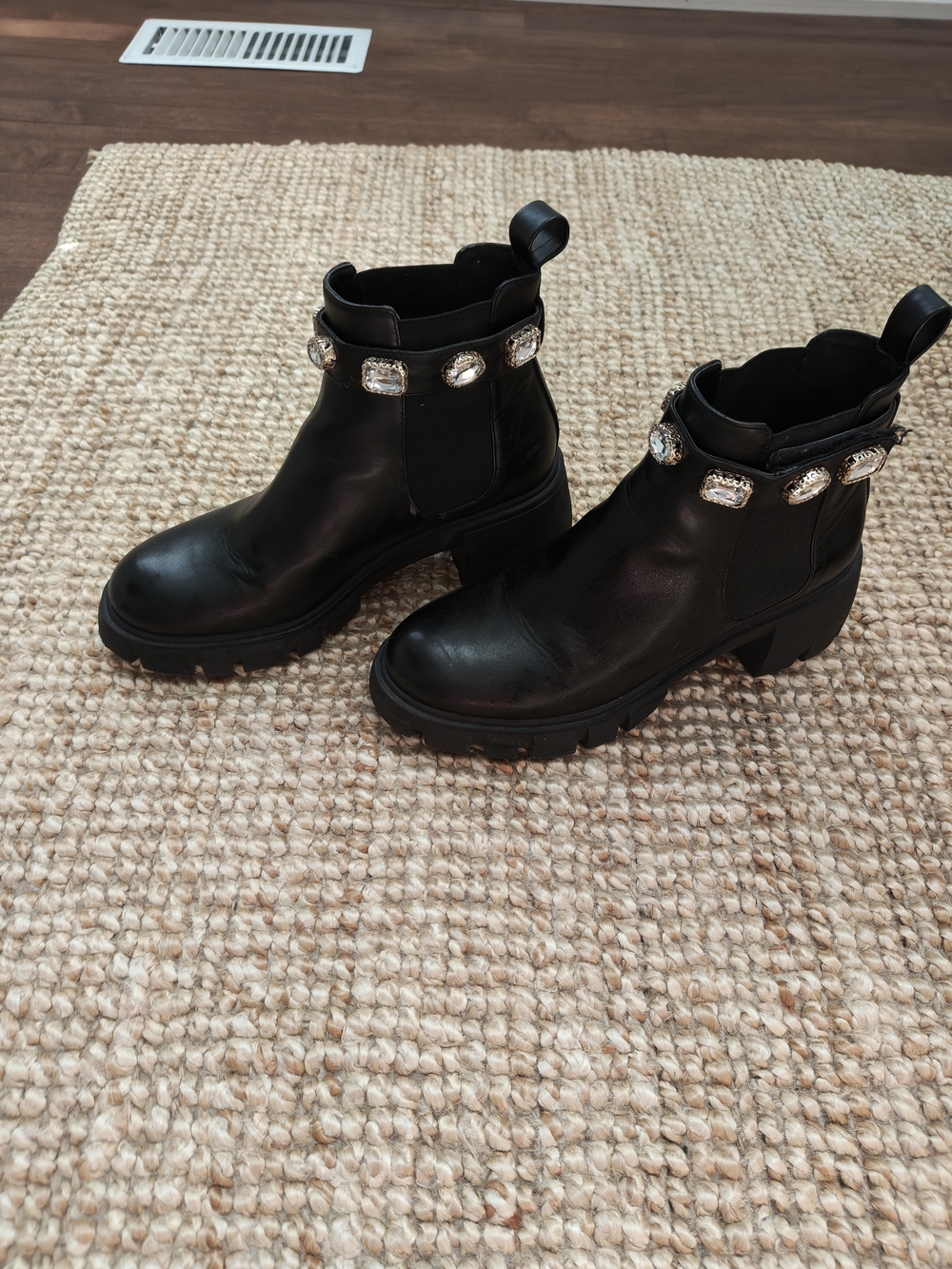 Steve Madden Girl Black Leather Chelsea Boots with Crystal Accents